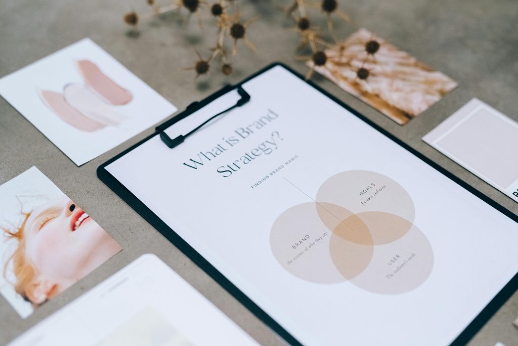 The Intricacies of a Brand Logo Suit and How Grey Ivy Media Solves the Problem A close-up view of a brand strategy document on a desk surrounded by design artworks.